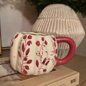 Anthropologie Red and White Floral Pumpkin Mug